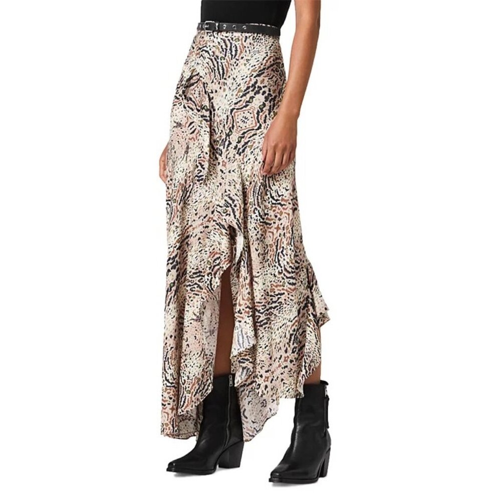 Womens Size 6 ALLSAINTS Raya Arietta Animal Print Ruffled Midi Maxi Skirt